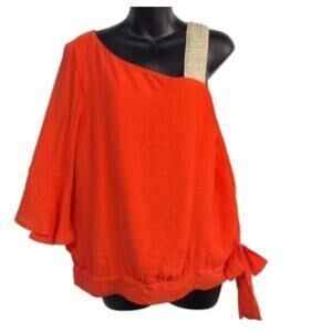 NWT Thalia Sodi One Shoulder Blouse XL – Red/Orange w/Gold Strap & Ruffle Sleeve